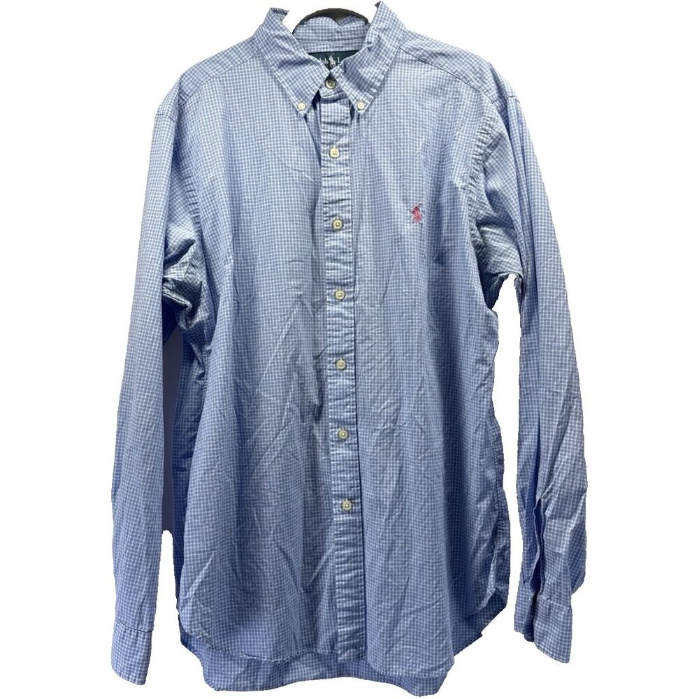 Ralph Lauren Men's Shirt Large Classic Fit Blue White Long Sleeve Pink Pony‎